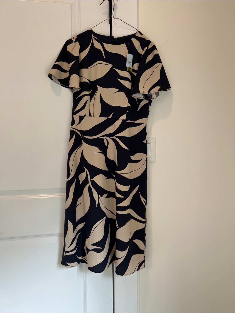 Ann Taylor Black and Cream Leaf-Print Midi Dress